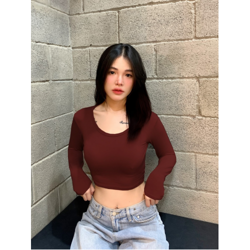 Áo crop top dài tay cổ tròn, vải rayon hàng Thái Lan