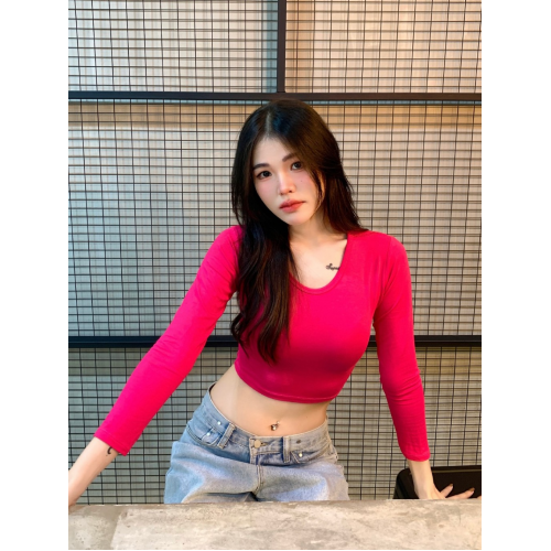 Áo crop top dài tay cổ tròn, vải rayon hàng Thái Lan