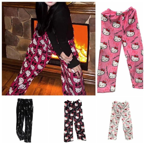 Quần pijama Daishen1, vải lông cừu co giãn, họa tiết hoạt hình mèo con dễ thương hàng Thái Lan