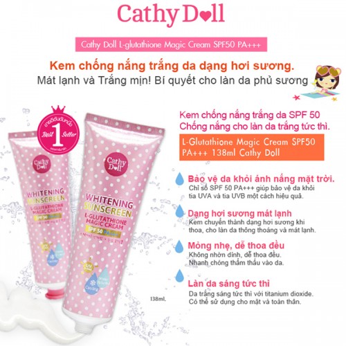 Kem Chống Nắng Trắng Da Cathy Doll L-Glutathione Magic Cream SPF50 PA+++ 138ml Thái Lan