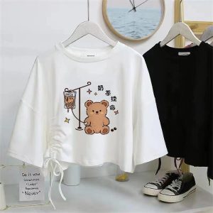 Áo thun nữ, áo croptop thắt eo form rộng hoạ tiết dễ thương