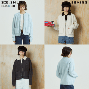 Bemingtop1027(S-XL)-Áo khoác len đan kéo khóa BMG-Áo Khoác Cardigan mặt khóa kéo hàng ngày vẻ ngoài ấm áp