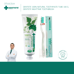 "Bộ sản phẩm ban đêm tự nhiên Dentiste' Natural Nighttime Set, bộ sản phẩm chăm sóc răng miệng tự nhiên 100%, không chứa hóa chất, nhẹ nhàng, bao gồm bàn chải răng và kem đánh bóng răng."