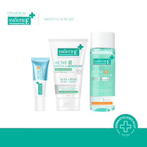 BỘ SẢN PHẨM SMOOTH E ACNE SOLUTION: DƯỠNG DA ĐẦY ĐỦ TRONG MỘT BỘ SẢN PHẨM, BAO GỒM GEL RỬA MẶT + NƯỚC HOA HỒNG + GEL TRỊ MỤN. DÀNH CHO NHỮNG NGƯỜI CÓ VẤN ĐỀ VỀ MỤN, DA MỎNG MANH DỄ BỊ KÍCH ỨNG.