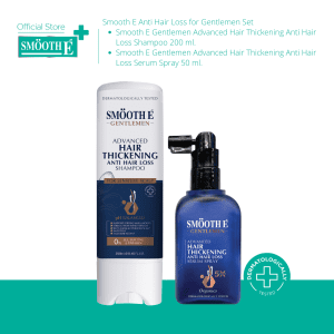 Bộ sản phẩm Smooth E chống rụng tóc dành cho nam giới bao gồm shampoo và serum giúp giảm rụng tóc, kích thích tóc dày từ gốc, hỗ trợ ức chế hormone DHT cho nam giới.